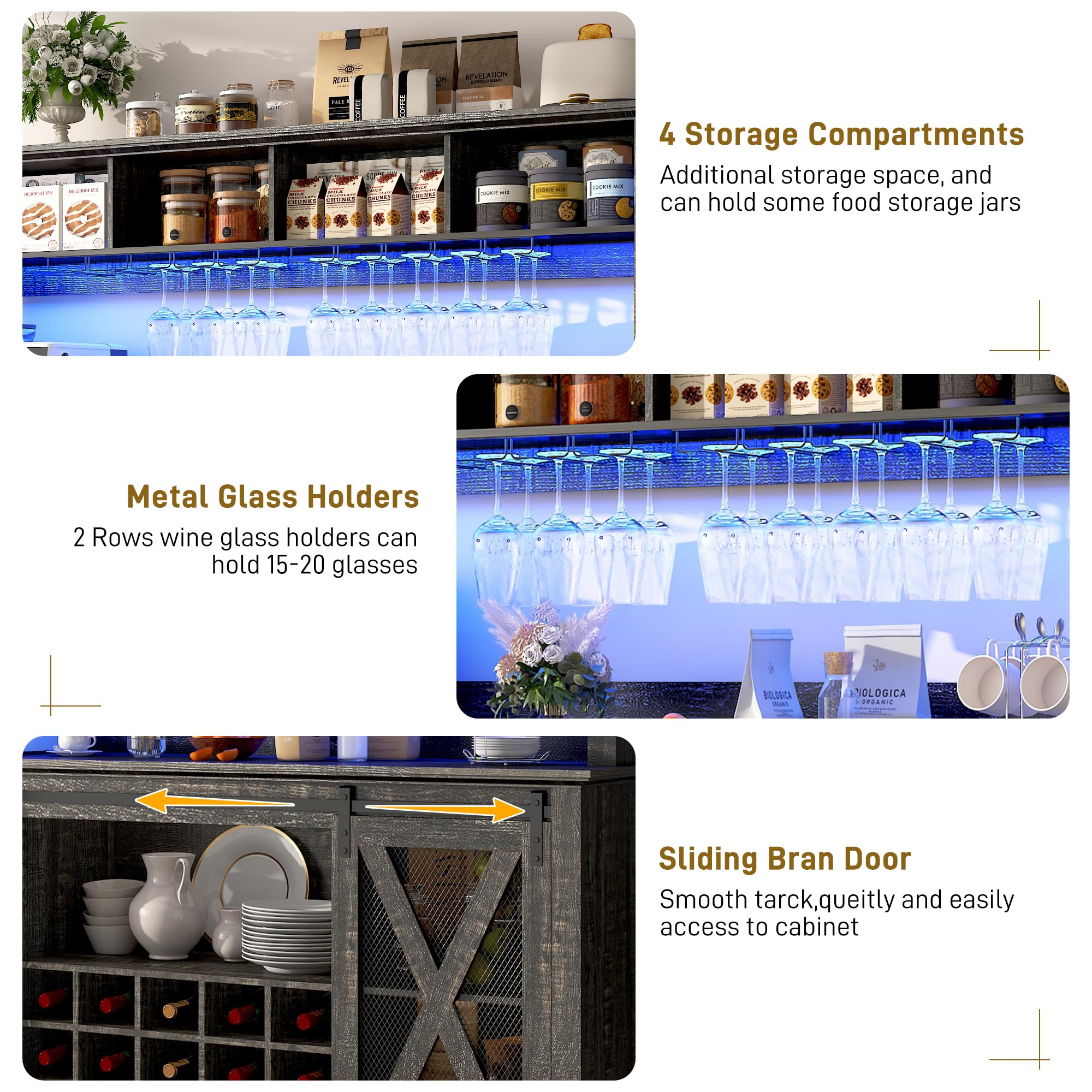 63"Wide 58"H Farmhouse Coffee Bar Cabinet with Power Outlet and LED Light,Wine Bar Cabinet w/ 4 Storage Hutch,Kitchen Buffet Cabinet with 15 Wine and Glass Racks for Kitchen Dining Room(Dark Oak)