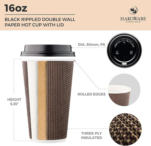 16 oz Disposable Paper Coffee Cups with Lids Insulated Double-Walled Togo