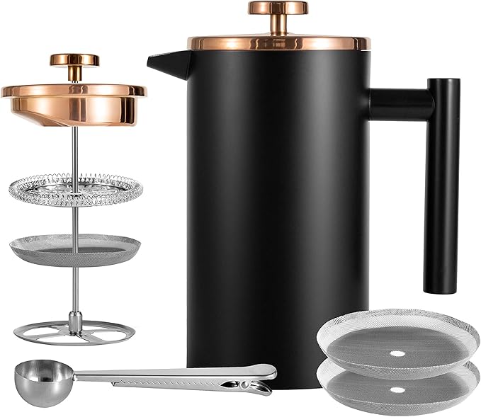 Small French Press Coffee Maker 600ml, Black Double-Wall Insulated French Press Coffee Press Stainless Steel for travel camping, Included 2 Extra Fliters and 1 Coffee Spoon (2-4cup, 20 OZ)