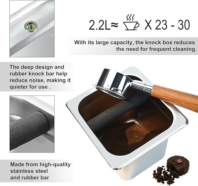 TECHSHARE Stainless Steel Coffee Knock Box, Square Espresso Knock Box, Large Capacity Coffee Accessories, Easy to Clean Espresso Accessories for Home, Kitchen, Cafe, and More