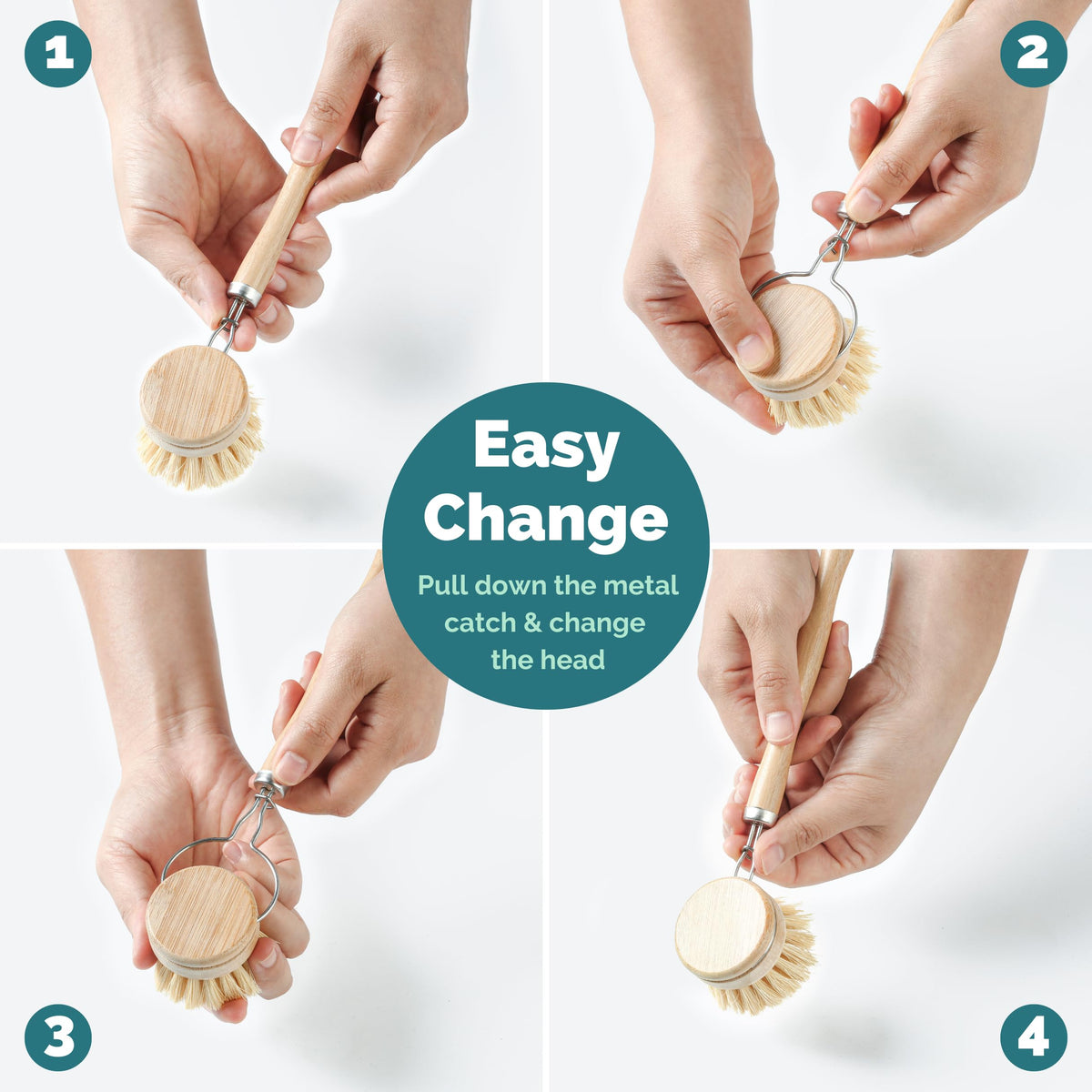 JUNGLE CULTURE Bamboo Dish Brush • 3 Swap Heads & Loofah Sponge • 4 Piece