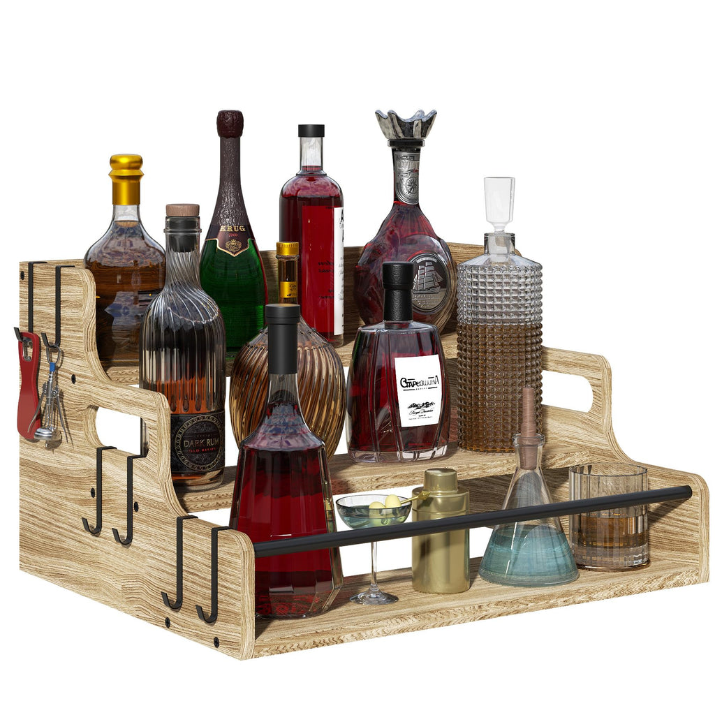Lavendex 3-Tier Liquor Bottle Display Shelf, Bar Stand for Whiskey, Spirits, Coffee Syrup Rack Organizer, Countertop Wine Rack for Home, Mini Coffee Bar, Small Liquor Cabinet and Kitchen Light Brown