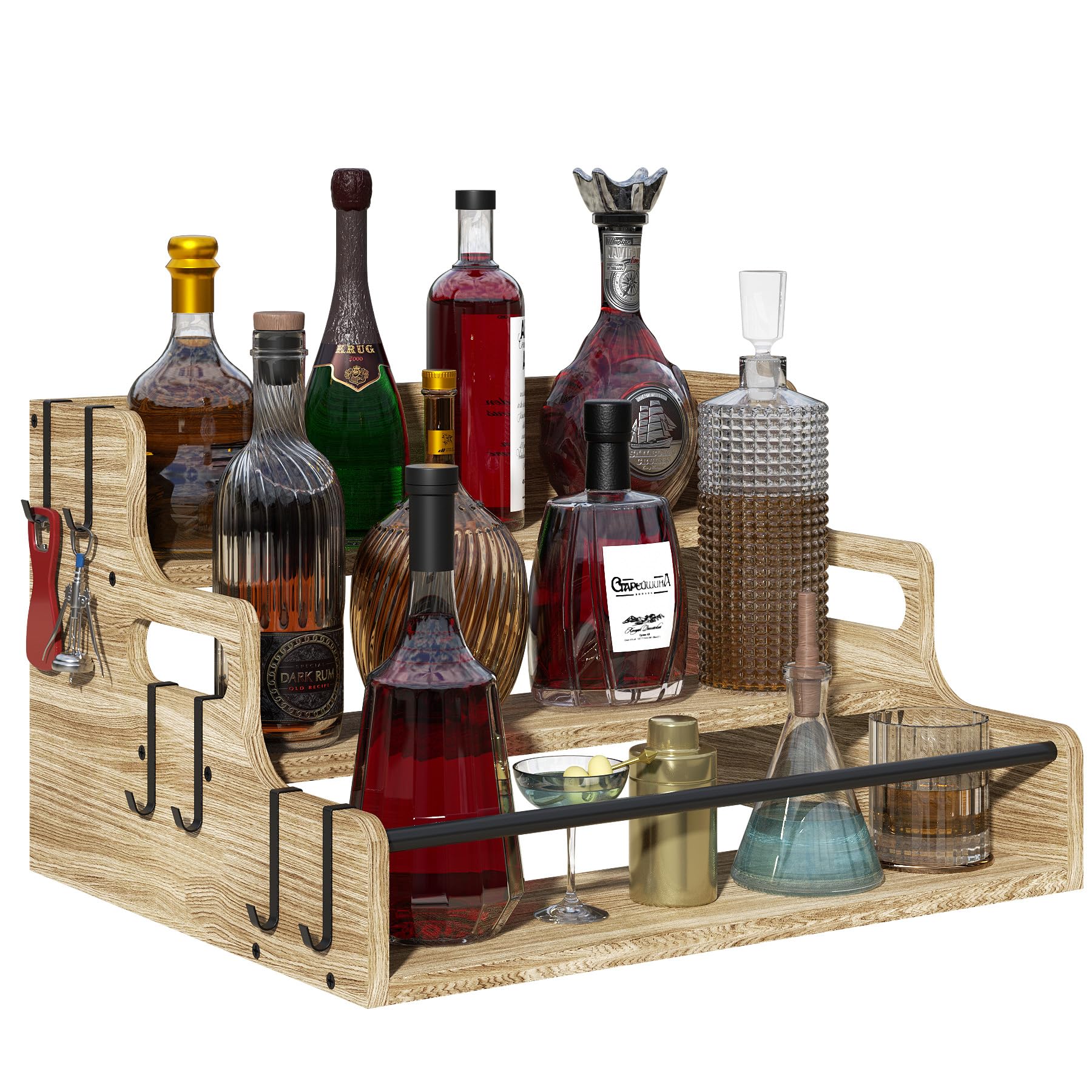 Lavendex 3-Tier Liquor Bottle Display Shelf, Bar Stand for Whiskey, Spirits, Coffee Syrup Rack Organizer, Countertop Wine Rack for Home, Mini Coffee Bar, Small Liquor Cabinet and Kitchen Light Brown