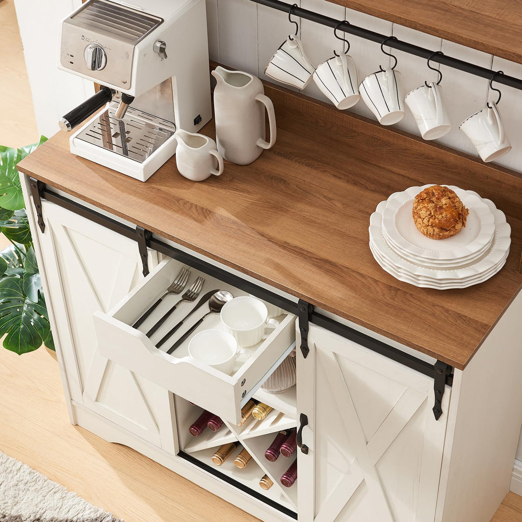 Wnutrees Farmhouse Coffee Bar Cabinet with Charging Station and USB, White