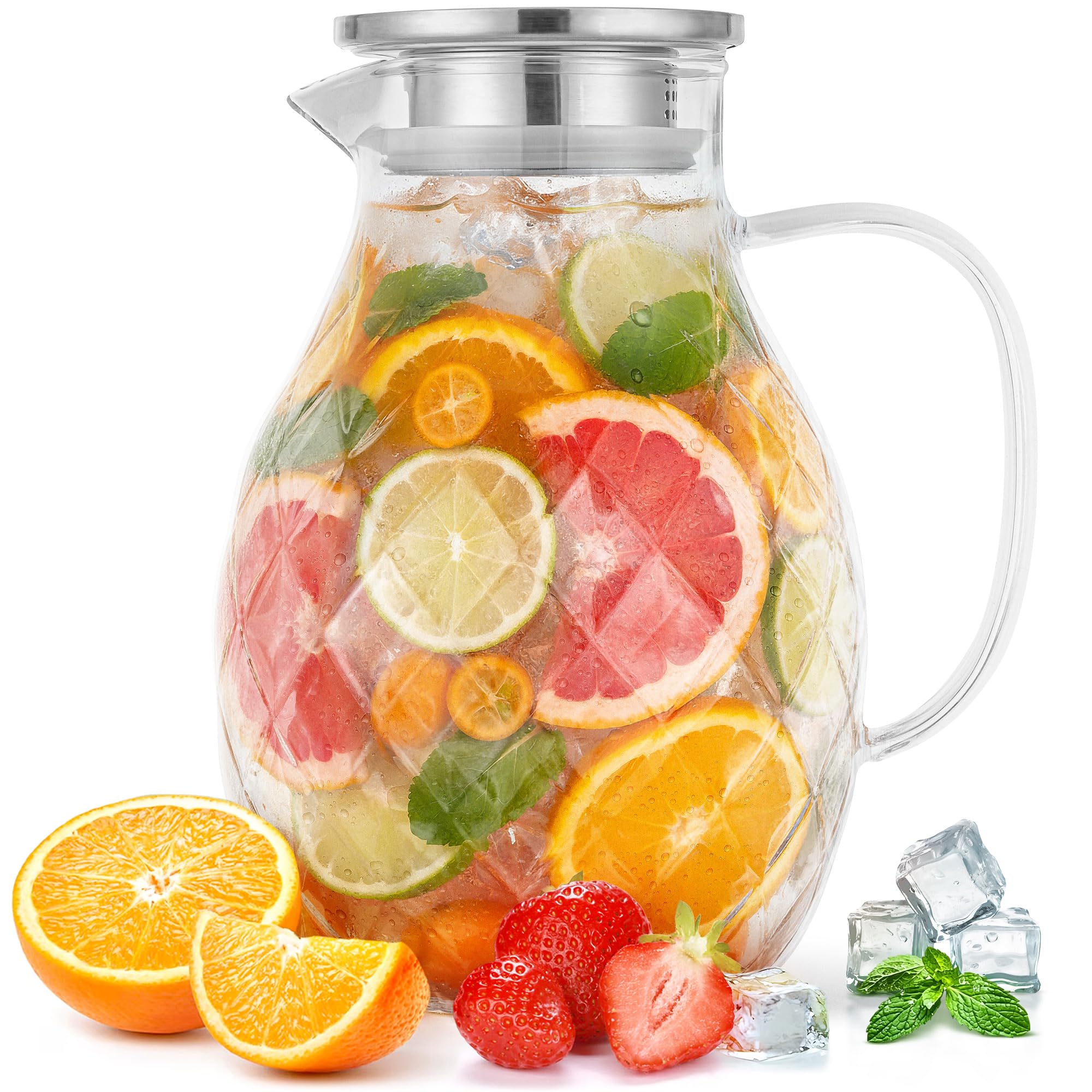 Borosilicate Glass Pitcher with Lid & Spout - 2 L / 68 oz Water Jug