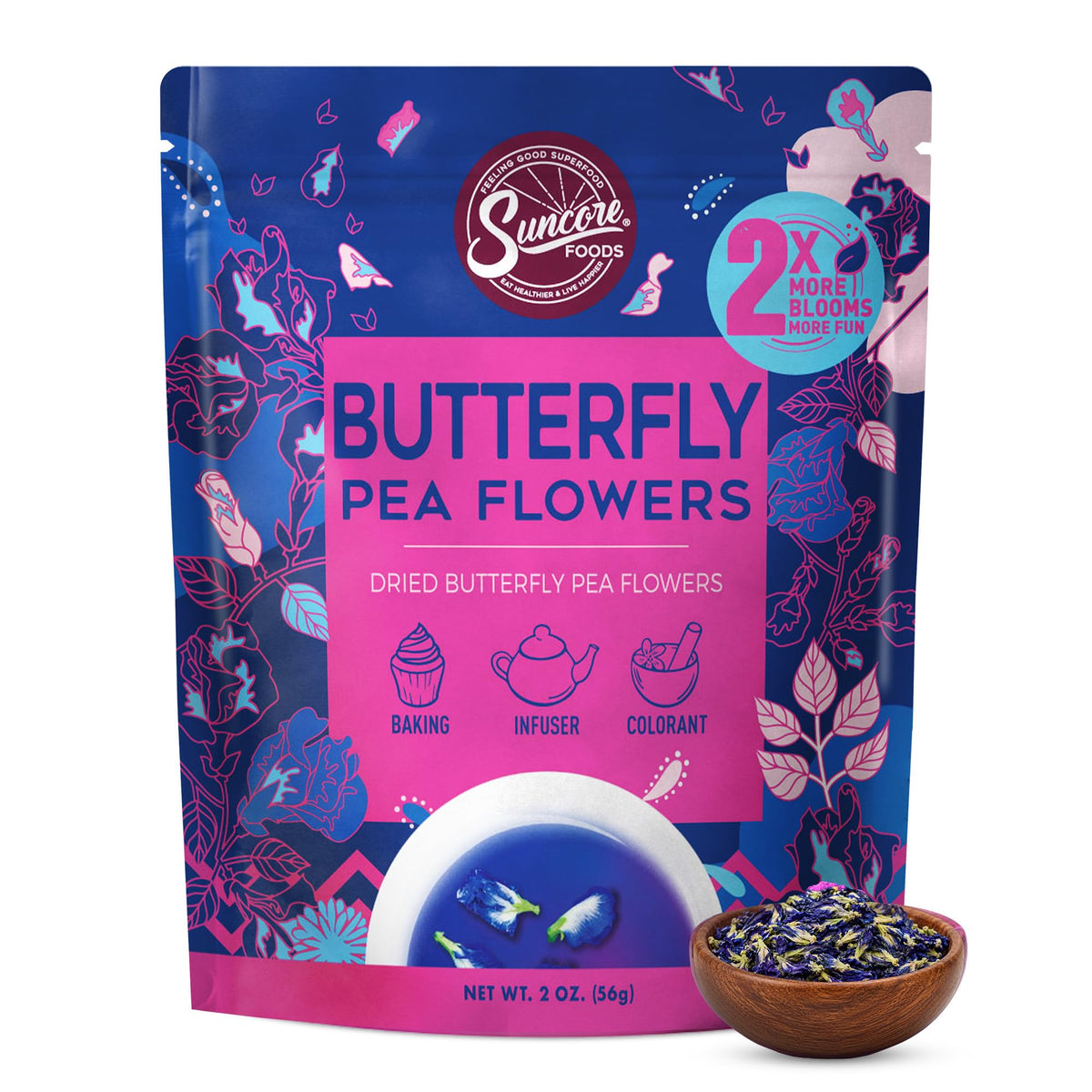 Suncore Foods Butterfly Pea Flowers 2oz | Blue Tea for Color-Changing Drink