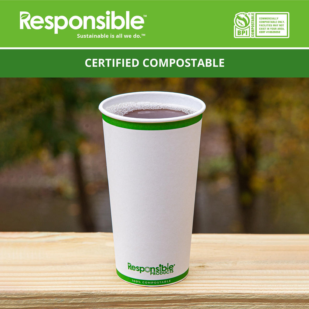 Responsible Products Certified Compostable 20 oz Paper Cups, Cold ＆ Hot Coffee Cups, Disposable Paper Cups, Extra Strength Disposable Cups, Made without PFAS (50 count)