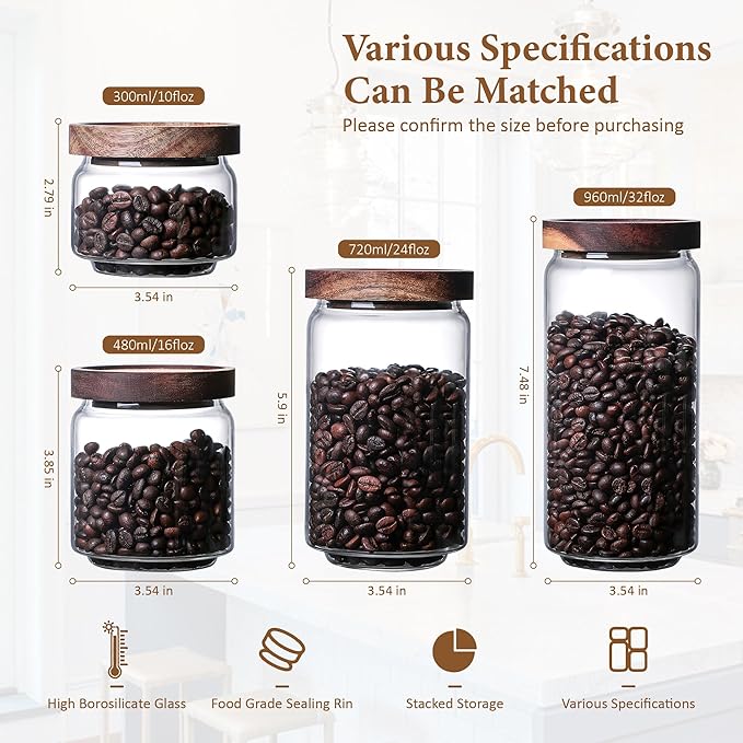 960ML/32Oz Clear Cute Glass Storage Canister Holder with Stackable Airtight Wood Lid, Modern Decorative Container Jar for Coffee, Spice, Candy, Salt, Cookie, Condiment, Pepper, Sugar