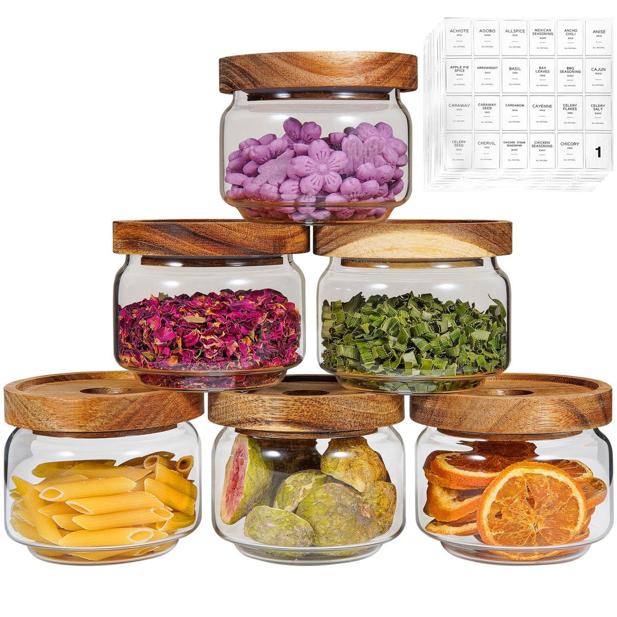 Patoper 18 oz Glass Spice Jars with Spoons Wooden Airtight Lid Sugar Coffee Ground Canister Round Glass Food Storage Container for Herb Seasoning Cookies Tea Condiment Salt (2×550ml(18oz))