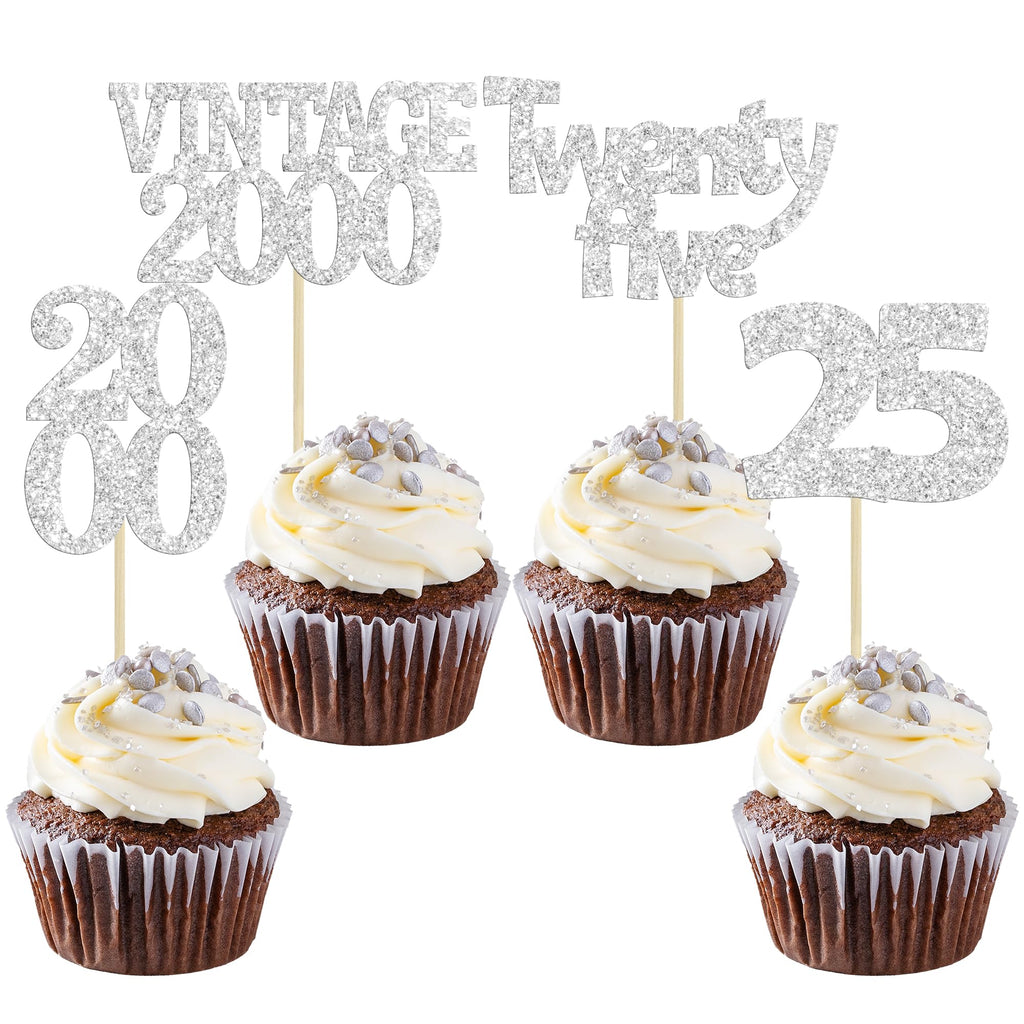 Gyufise 24Pcs 25th Birthday Cupcake Toppers Glitter Twenty-five Vintage 2000 Hello 25 Years Birthday Cupcake Pick Cheers to 25 Cake Decoration for Happy 25th Anniversary Party Supplies Silver