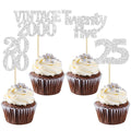 Gyufise 24Pcs 25th Birthday Cupcake Toppers Glitter Twenty-five Vintage 2000 Hello 25 Years Birthday Cupcake Pick Cheers to 25 Cake Decoration for Happy 25th Anniversary Party Supplies Silver