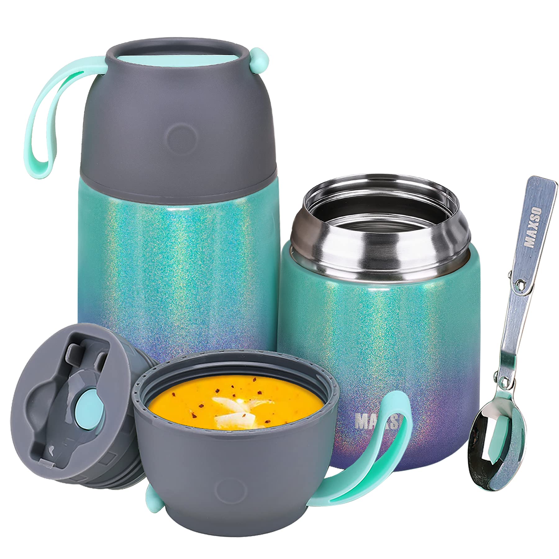 Insulated Thermo Food Jar for Hot & Cold Food for Kids Adult, 17&24 oz Soup Thermal Hot Food Containers for Lunch, Triple Layer Insulation Stainless Steel Food Jar with Spoon(2 Pack Rainbow)