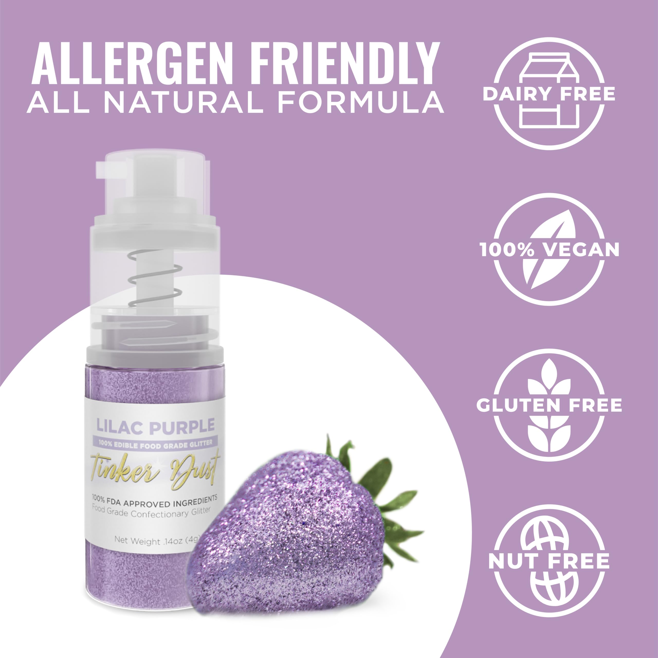 Bakell - Lilac Purple Tinker Dust (4g, 1x Mini Spray Pump) Edible Glitter for Food, Desserts, and Baked goods!
