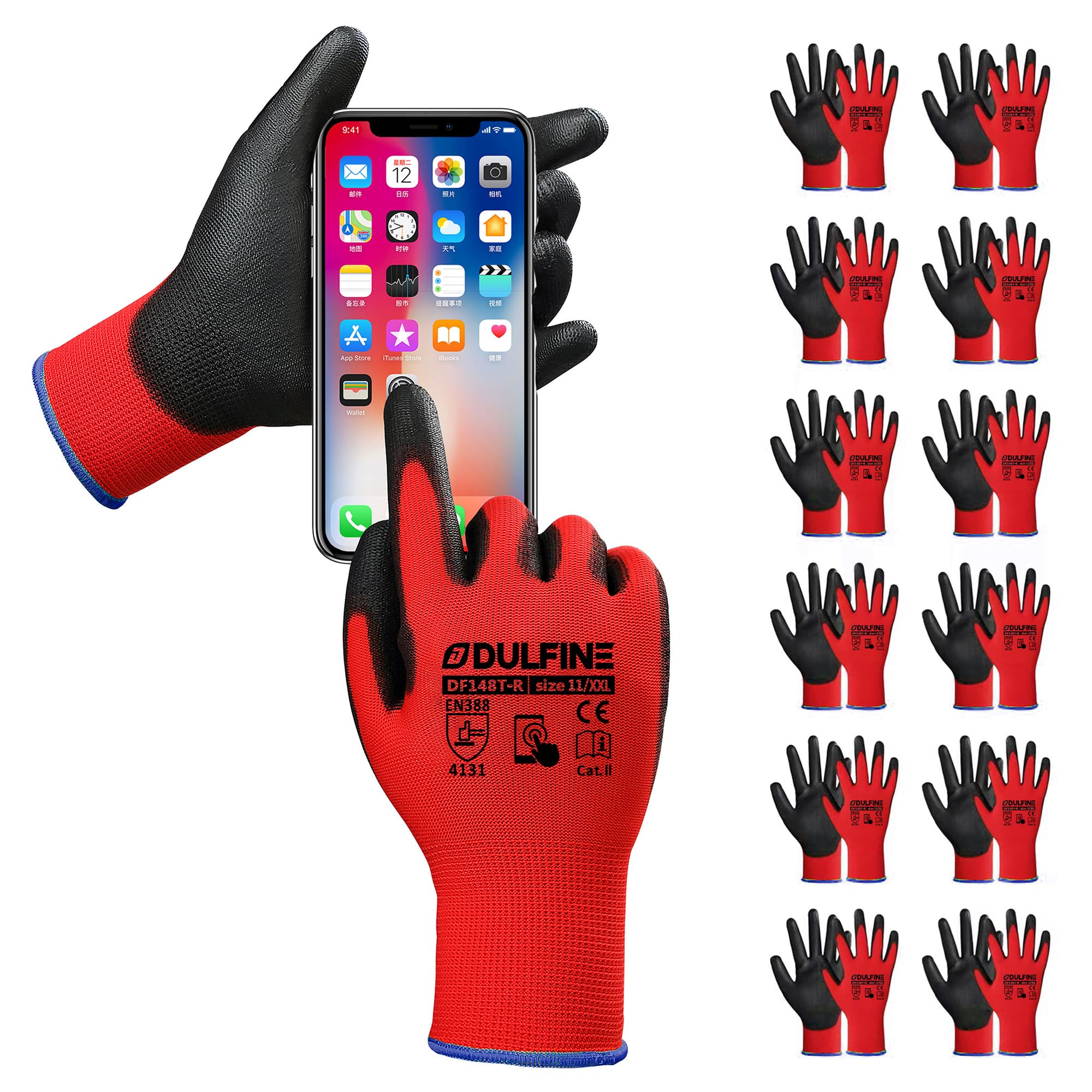DULFINE Touchscreen Safety Work Gloves for Men 12 Pairs, PU Coated Red XL