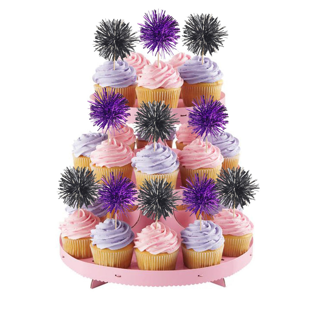 40 PCS Foil Firework Cupcake Toppers Sparkle Tinsel Cupcake Picks Fireworks Birthday Party Decorations Cocktail Fruit Toothpick for Birthday Wedding Graduation Party Decorations Supplies Black Purple