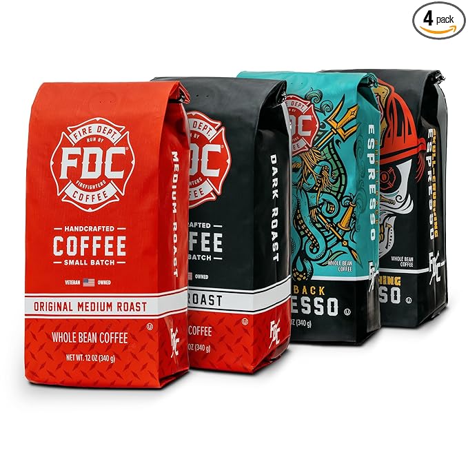 Fire Department Coffee - Gives Back to Firefighters - Rescue Variety Pack - Whole Bean Coffee - Medium, Dark, Shellback Espresso, & Skull Crushing Espresso Beans - Veteran Owned (12oz