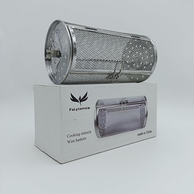 Falytemow Stainless Steel Rotisserie Grill Roaster Drum Oven Basket Oven Roast Baking Rotary for Peanut Dried Nut Coffee Beans BBQ (14 X 18cm)