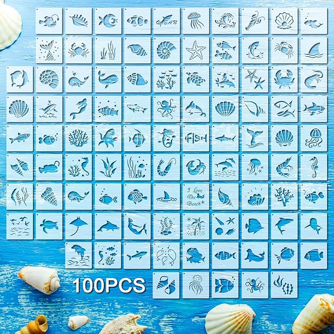 100 Pcs Stencils for Painting on Wood Reusable Stencil Crafts Drawing Templates Holiday Wall Paper for DIY Scrapbook Home 2 x 2 Inch(Marine Life)