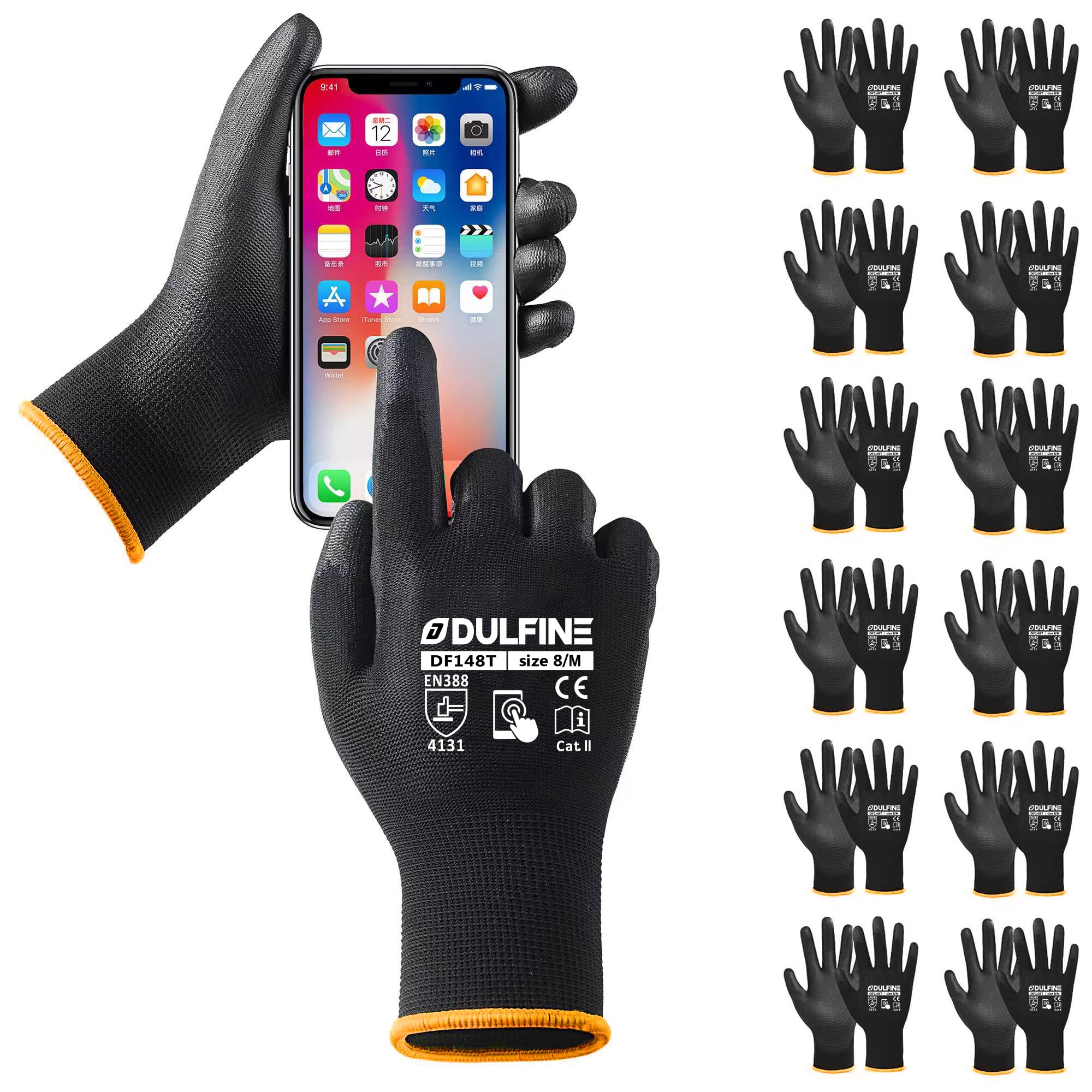 DULFINE Touchscreen Safety Work Gloves for Men 12 Pairs, PU Coated Black M