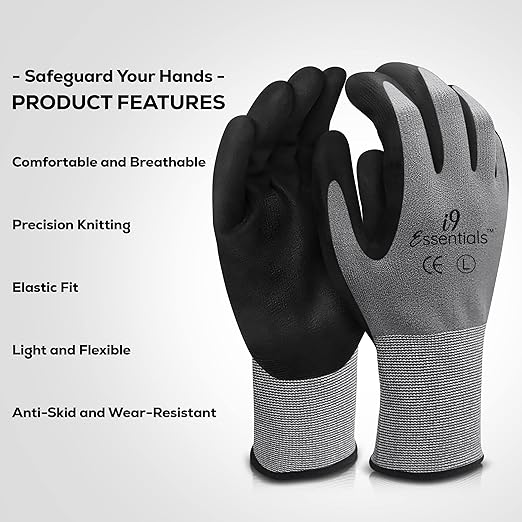 I9 Essentials Safety Work Gloves – 12 Pairs MicroFoam Nitrile Coated, Seamless Nylon Knit Grip Gloves for Construction, Home Improvement, Gardening, Mechanics, Automotive – Large, Breathable