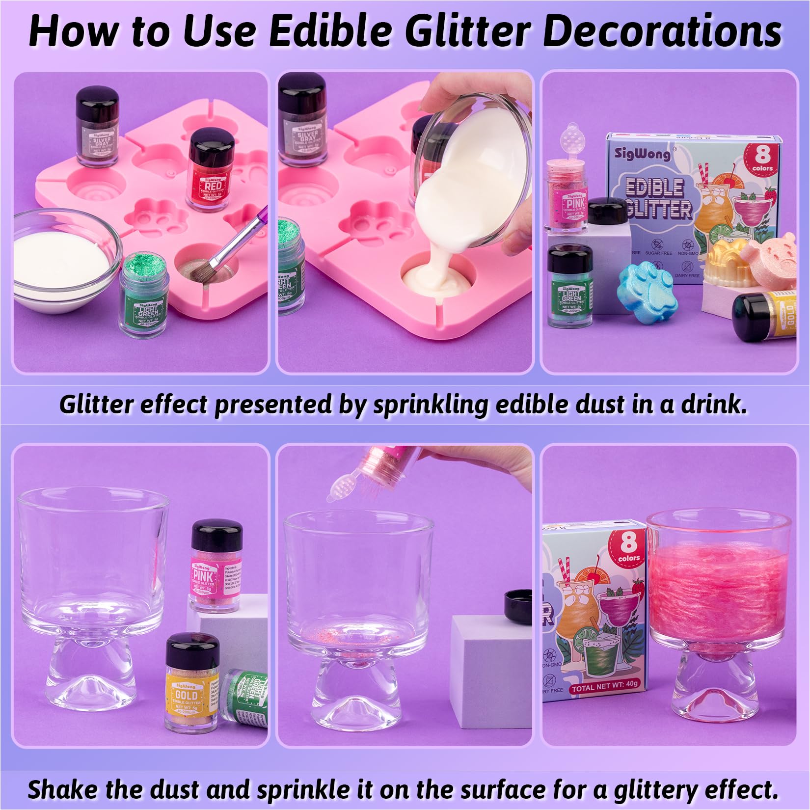 Edible Glitter - 8 Colors Luster Dust Edible Set for Drinks, Food Grade Edible Glitter Dust for Cake Decorating, Cocktail, Fondant, Strawberries, Candy, Cookie, Chocolate, Vegan and Gluten Free - 5g/bottle