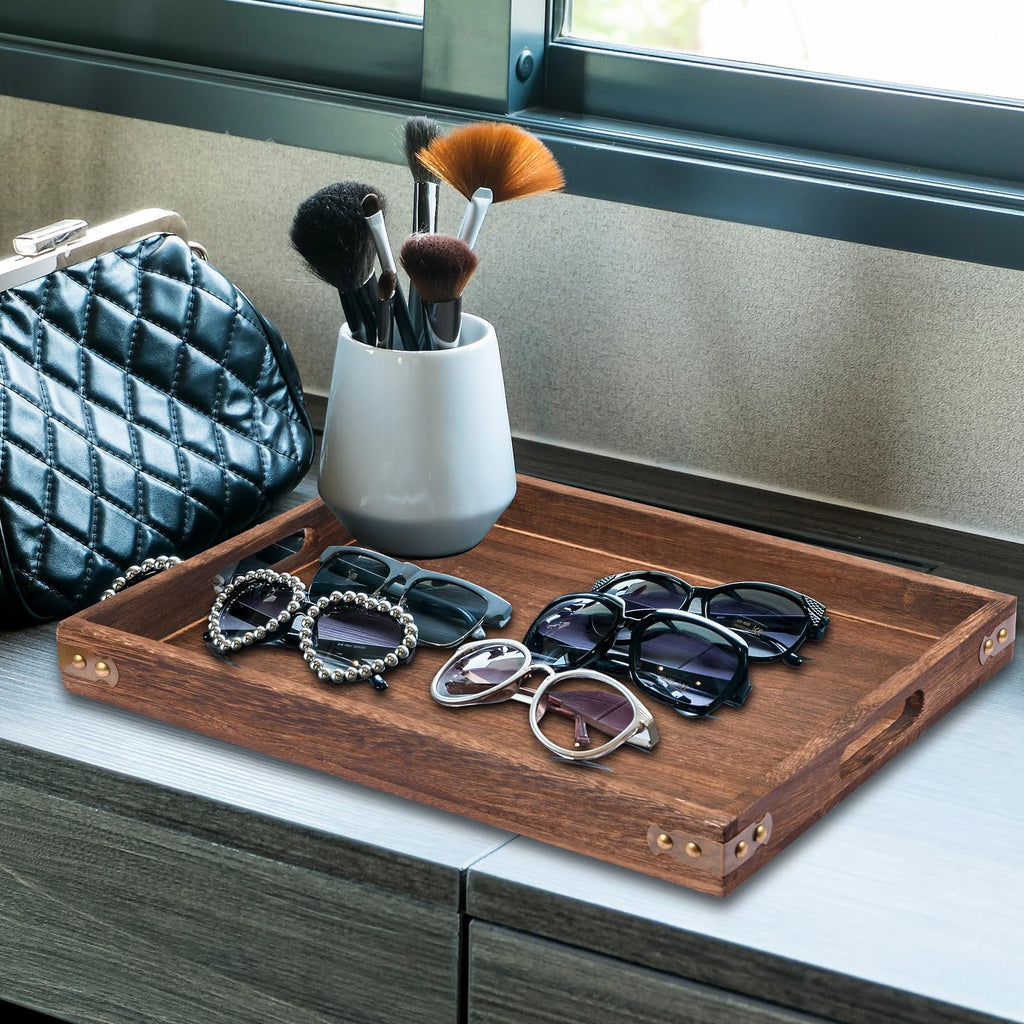 Wood Serving Tray, Rectangular Butler Serving Tray with Handle, Coffee Table Tray Decorative Tray for Tea, Coffee, Breakfast, Table Centerpieces 3 Pack