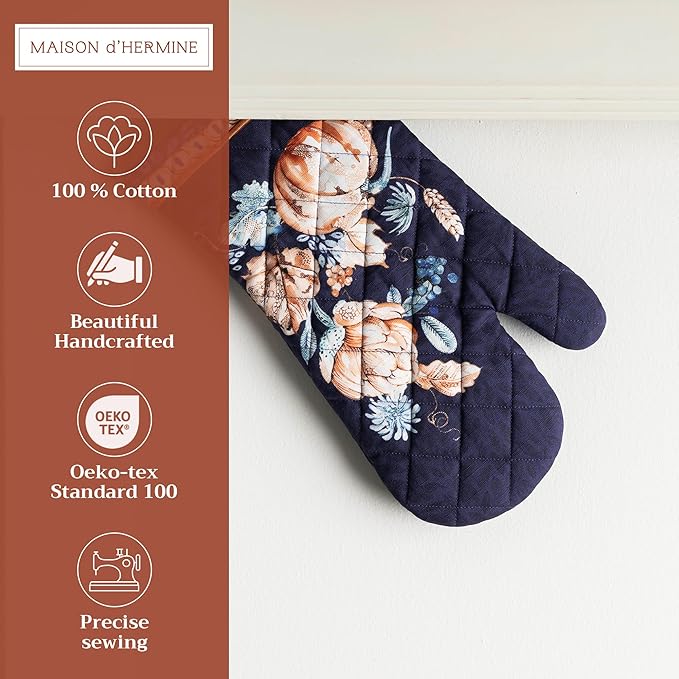 Maison d' Hermine Oven Gloves 100% Cotton Oven Mitt 7" x 13" with Loop Heat Resistant, BBQ, Cooking Gloves, Baking, Grilling, Kitchen, Handling Hot Pans (Pack of 1, Pumpkin Blues)