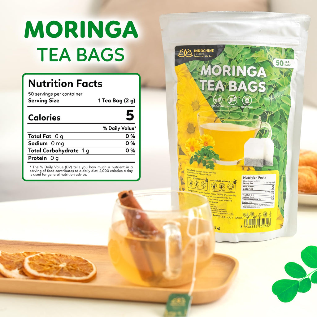Indochine Blends Tea Bags | Sugar-Free, Caffeine-Free Herbal Tea | Double Chamber, Individually Wrapped Bags | Rich in Natural Goodness and Flavor (50 Tea Bags (Pack of 1), Moringa Tea)