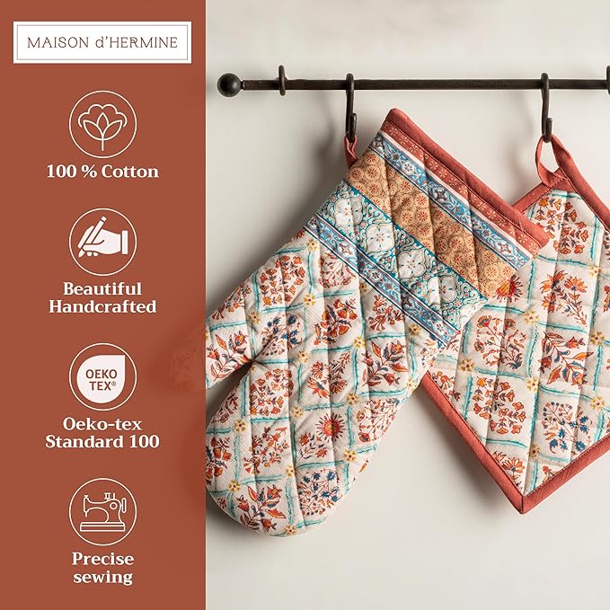 Maison d' Hermine 100% Cotton Oven Mitt & Pot Holder Set (7.5"x13" & 8"x8") Heat Resistant BBQ Cooking Gloves with Loop, Baking, Grilling, Kitchen, Handling Hot Pans (Romane)