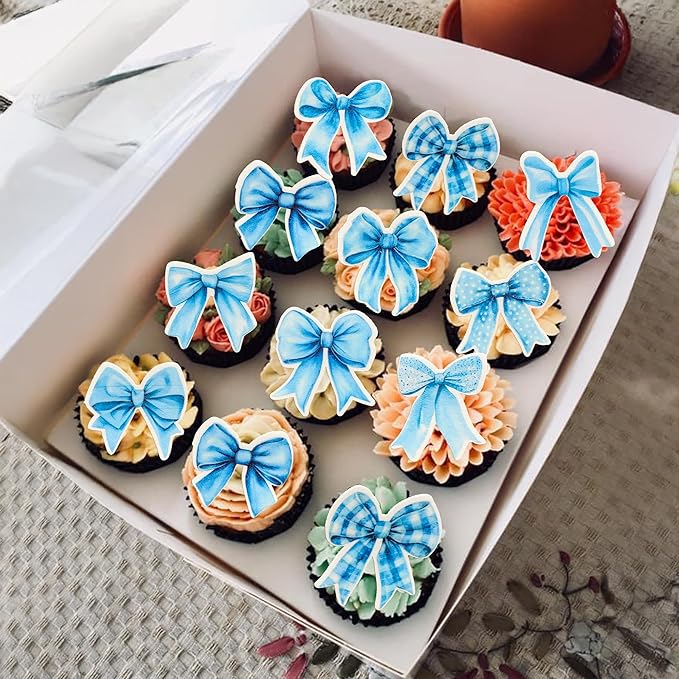 Gyufise 50Pcs Edible Blue Bowknot Cupcake Toppers Wafer Paper Bowknot Cake Dessert Picks Baby Shower Princess Cupcake Toppers for Birthday Party Decoration Supplies