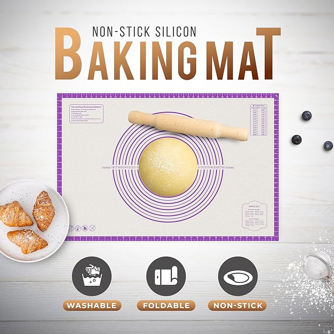 26 * 16 inches Purple, Non-Slip Silicone Baking Sheets - Baking Mat with 0.7mm Thickness - Non-Stick Pastry & Cookie Mat for Kitchen Counter for Rolling Out Dough with Measurements.