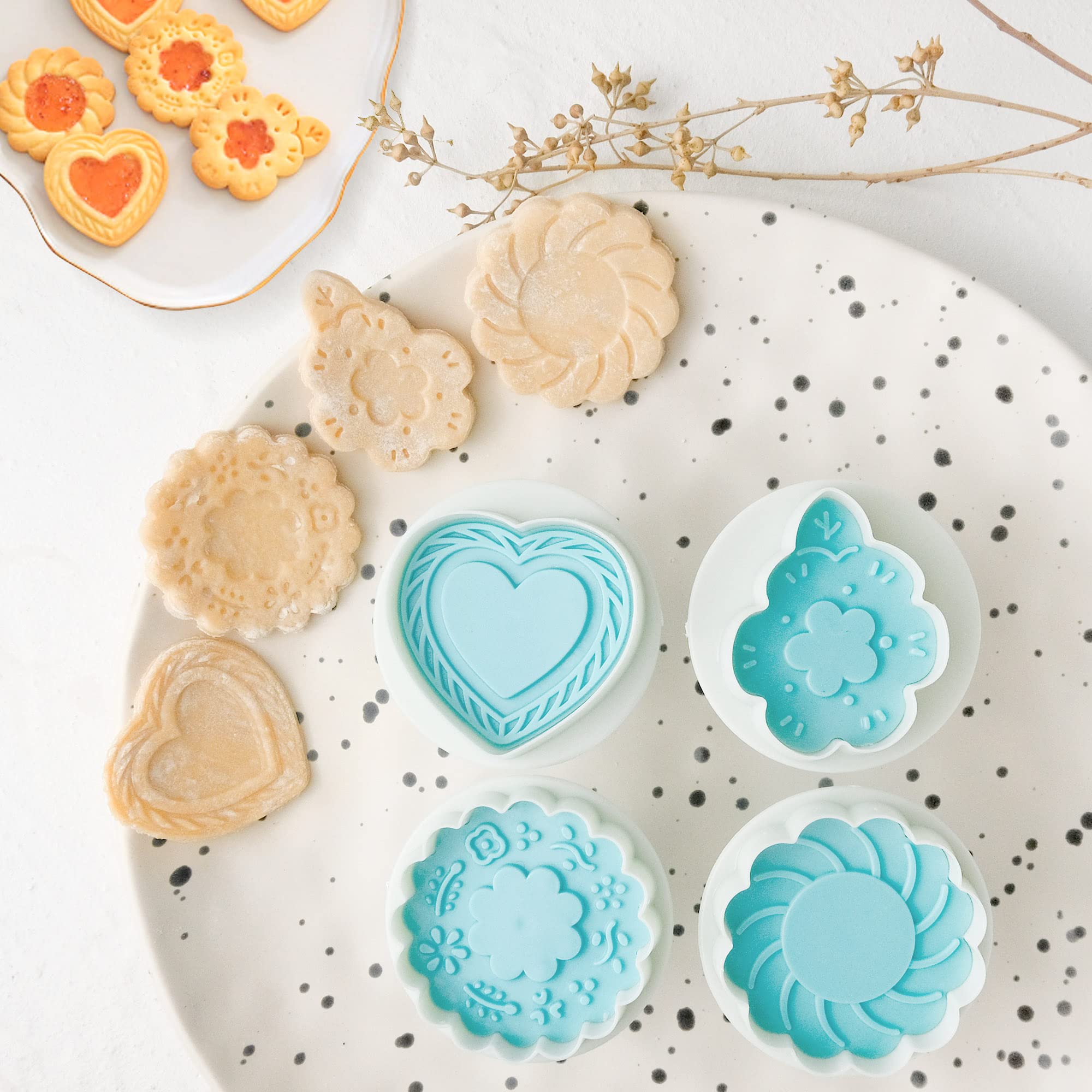 PTSGCAI Cookie Stamps for Baking, 4-Pcs Set with Wooden Handle, 3D Cookie Press Molds for Christmas, Holiday & Party, Perfect for Shortbread, Fondant & Cake Decoration - Flower & Leaf Patterns