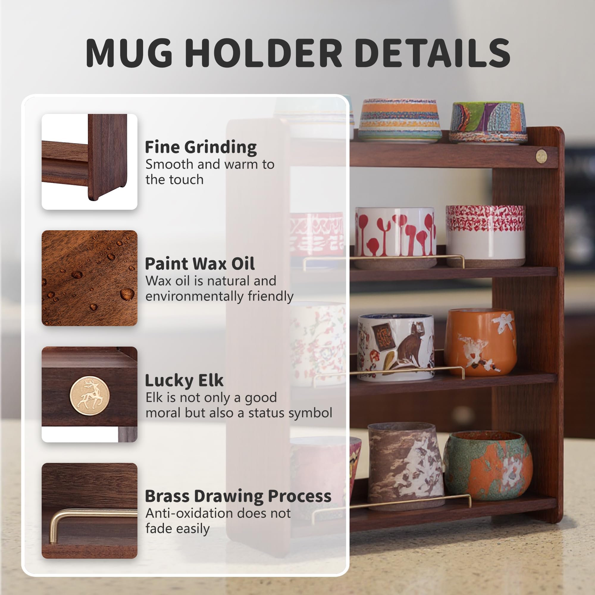 KAOTGOT Coffee Mug Holder Wooden Cup Rack Mug Display Shelf Coffee Cup Holder for Countertop 4 Tier Wood Coffee Mugs Holder for Kitchen Coffee Cup Storage