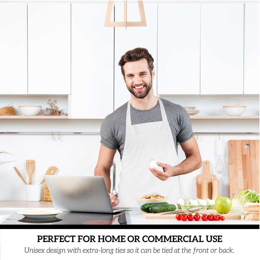 GREEN LIFESTYLE 12 Pack Bib Apron - Unisex White Aprons, Machine Washable Aprons for Men and Women, Kitchen Cooking BBQ Aprons Bulk (Pack of 12, No Pockets, White)