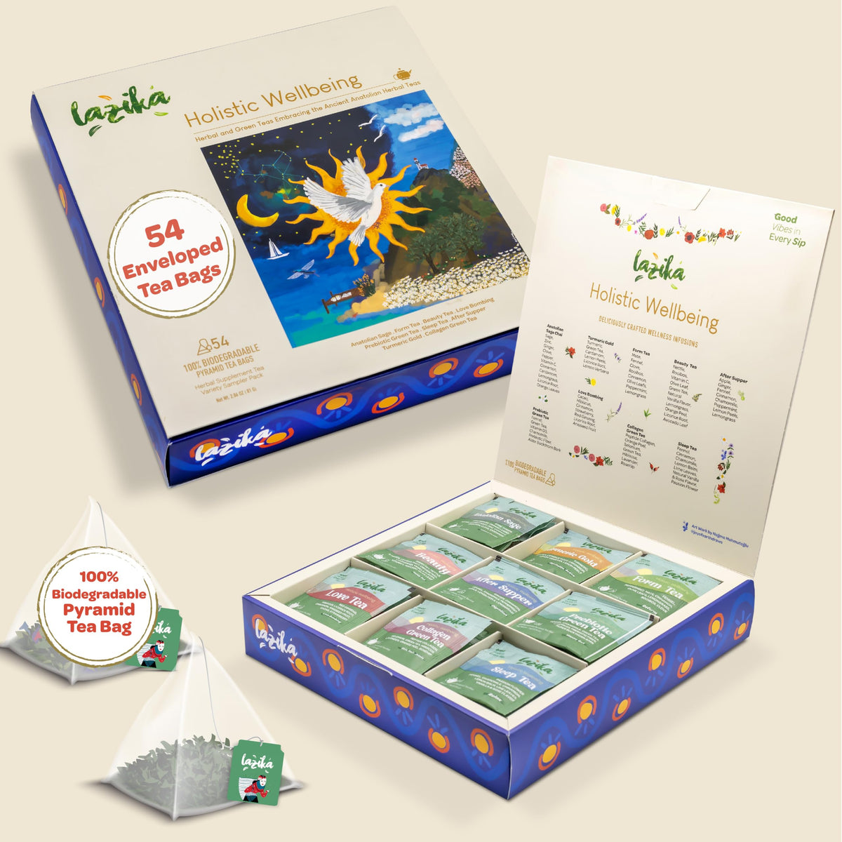 Lazika Herbal Tea Variety Pack with Lovely Presentation Box, 54 Counts, Herbal Tea Assortment Gift Set, Premium Collection with Pyramid Infuser Bag, Handcrafted