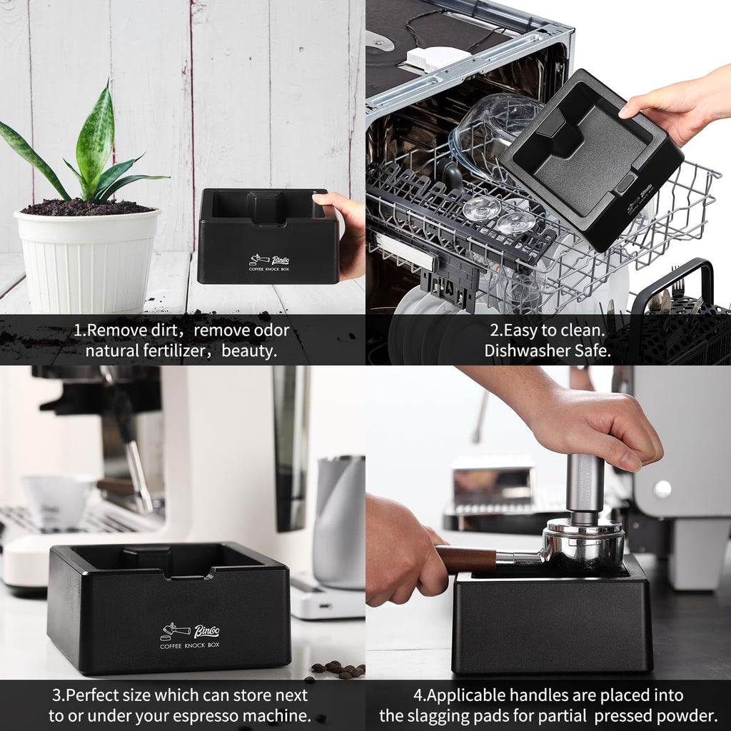 Bincoo Square Espresso knock Box 16cm /6.3 Inch Barista Style Coffee Knock Box for Grounds with Anti-Slip Base, Multi-functional Sturdy Espresso Dump Bin for Home/Office.. (black)
