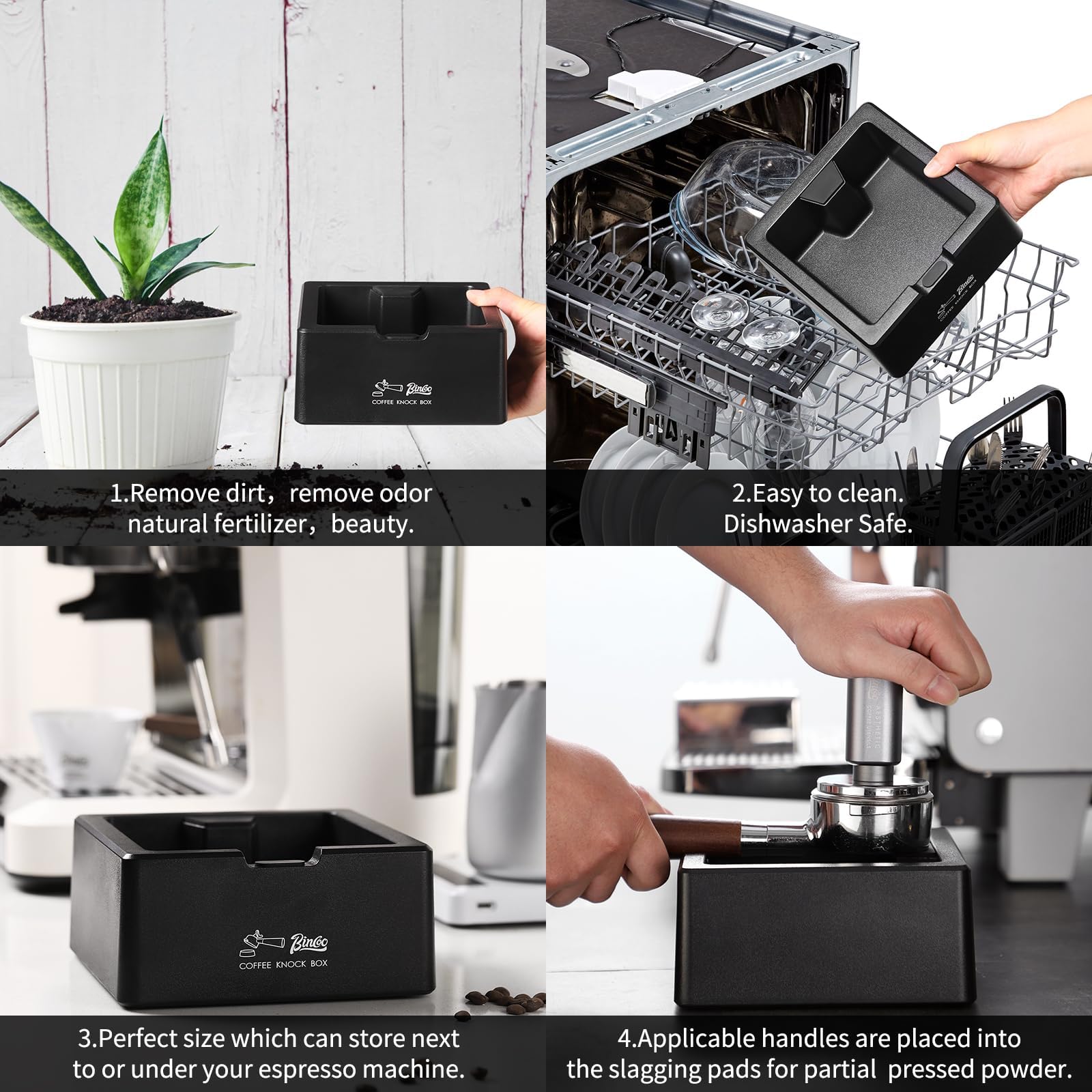 Bincoo Square Espresso knock Box 16cm /6.3 Inch Barista Style Coffee Knock Box for Grounds with Anti-Slip Base, Multi-functional Sturdy Espresso Dump Bin for Home/Office.. (black)