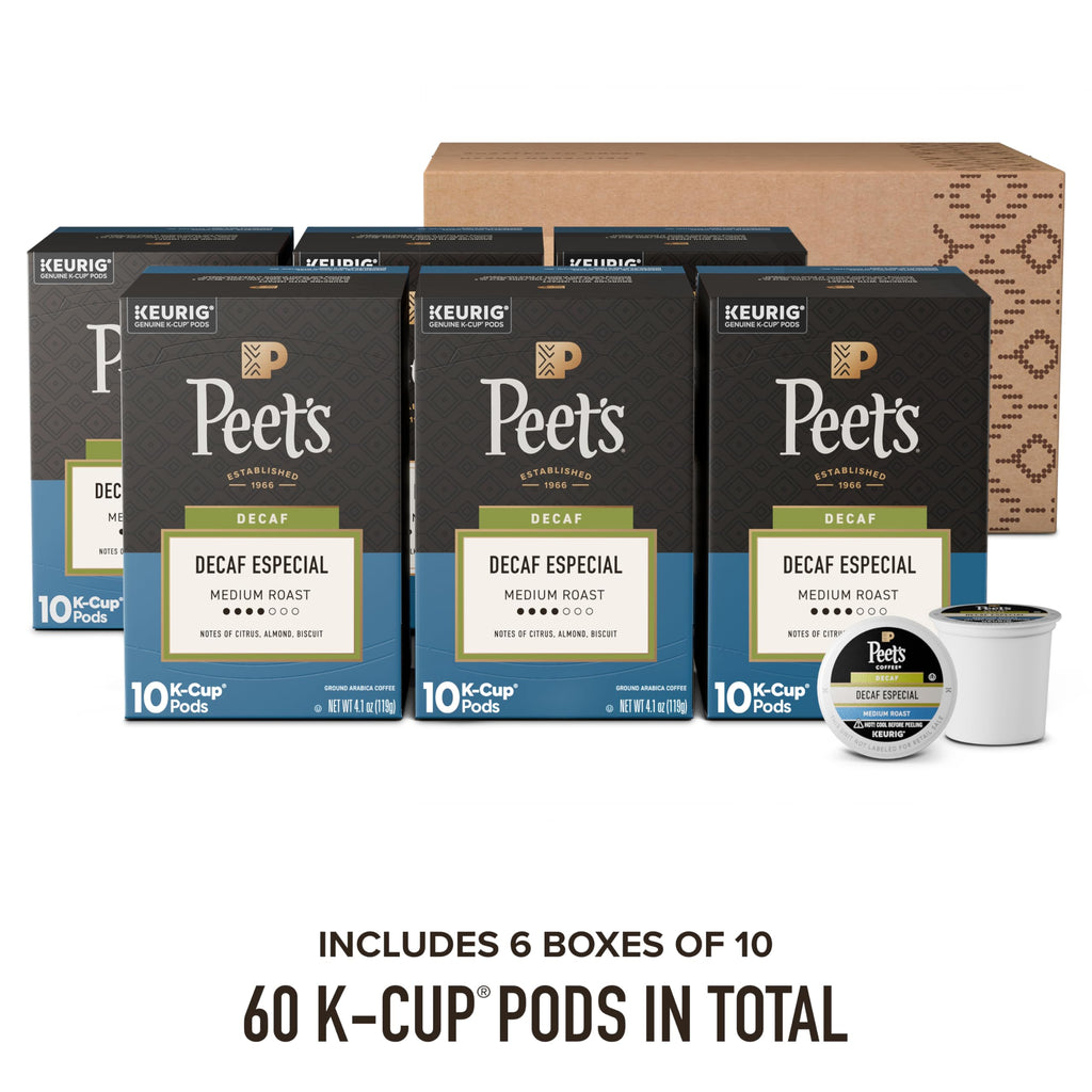 Peet's Coffee, Medium Roast Decaf Keurig K-Cup Pods, Decaffeinated Arabica Coffee - Decaf Especial 60 Count (6 Boxes of 10 K-Cup Pods)
