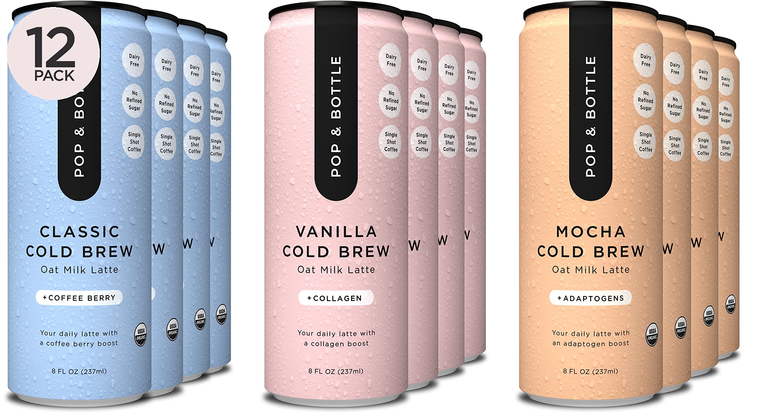 Pop & Bottle - Oat Milk Lattes, Cold Brew - Variety, 8 Fl Oz (12 Pack)