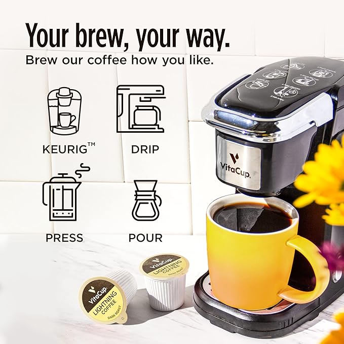 VitaCup Lightning Coffee Pods, for Focus w/ 2X Caffeine, Green Coffee Bean, B Vit, D3, Strong Dark Roast Arabica Beans, Single Serve Pod Compatible with Keurig K-Cup Brewers, 64 Ct (4 Pack of 16 ct)