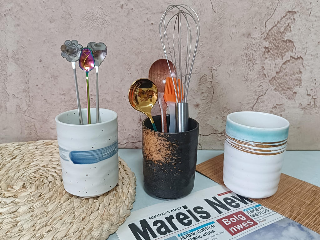TOPYOKK Stoneware Coffee Bar Utensil Holder Tea & Coffee Spoon & Stirrer Holder for Stir Stick Straw Teaspoon Holder Espresso Spoon Cup Small Utensil Jar (Blue feather)