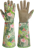 HANDLANDY Leather Gardening Gloves for Women, Scratch Resistant Breathable Ladies Rose Pruning Garden Gauntlet Yard Gloves, Gift for Gardeners (Khaki, L)
