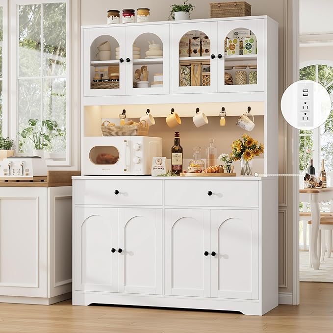 HIFIT 71" LED Kitchen Pantry Cabinet with Power Outlet, Large Kitchen Hutch Storage Cabinet with Arched Door & Shelves & 2 Drawers, Tall Modern Coffee Bar with Hutch for Home Dining Living Room, White