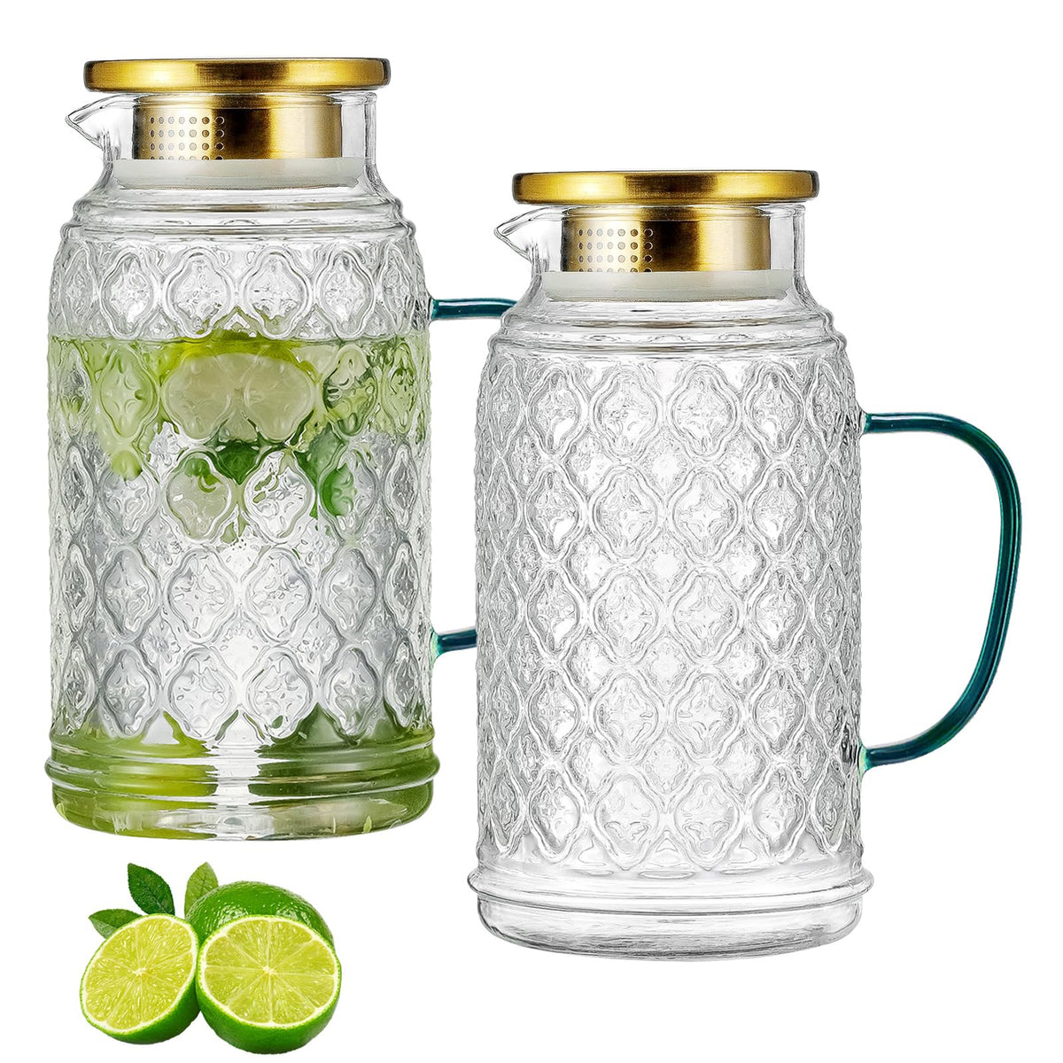 Buaic Glass Pitcher with Lid, 2 PACK 84 oz/2.5 Liter Vintage Water Pitcher