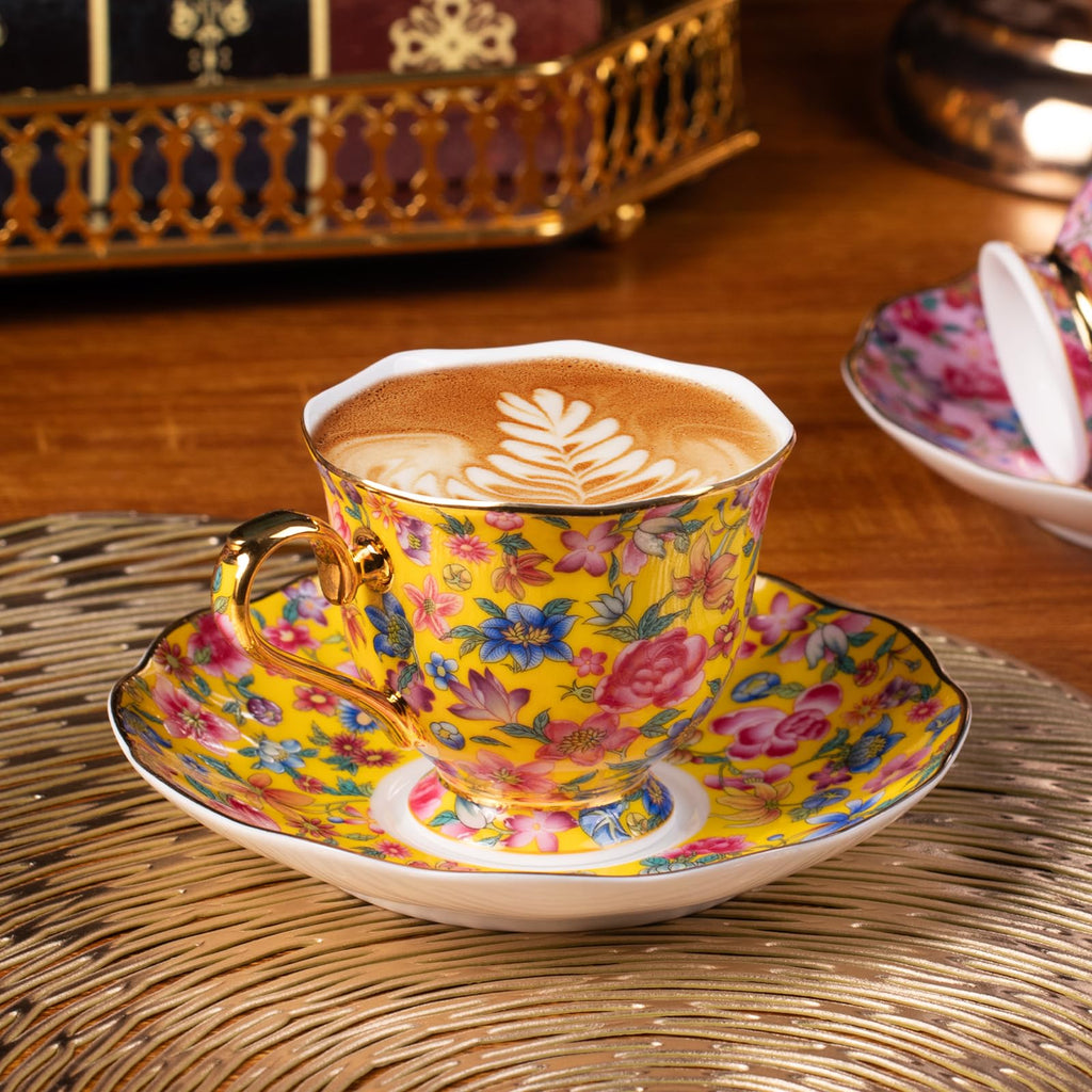 KAMMAK Tea Cup and Saucer, Ceramic Coffee Cups, 6.3 oz, Set of 2