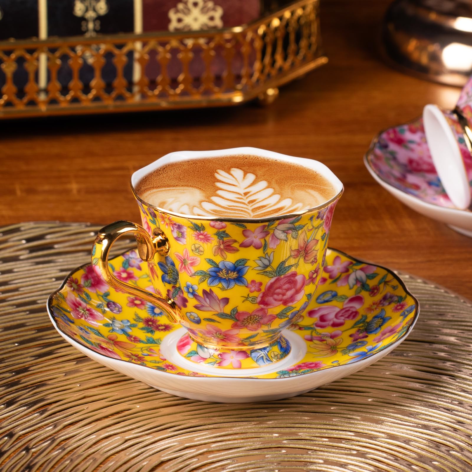 KAMMAK Tea Cup and Saucer, Ceramic Coffee Cups, 6.3 oz, Set of 2