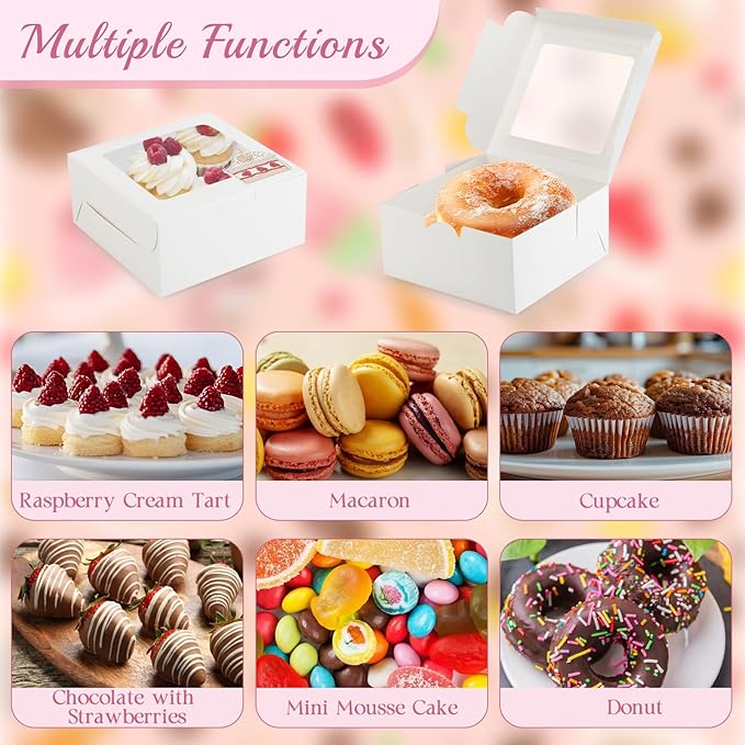 OAMCEG 50 Pack Cookie Boxes with Window 6x6x3 Inches White Cupcake Boxes, Bakery Treat Boxes with Stickers & Twine for Pastry, Desserts, Strawberries, Cupcakes, Gift Giving