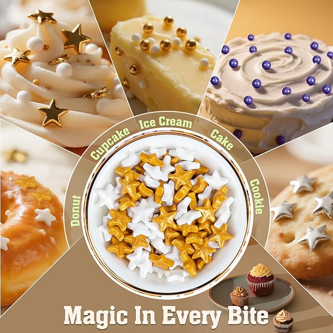 Twisweet Edible Star Sprinkles, Gold and White Stars for Cake Decorating, Golden Sugar Sprinkles for Baking, Mix Gold Candy Star, Cake Topper Ice Cream Cupcake Cookie Toppings Dessert Decorations, Christmas Wedding Birthday Party Festival Supplies (130...