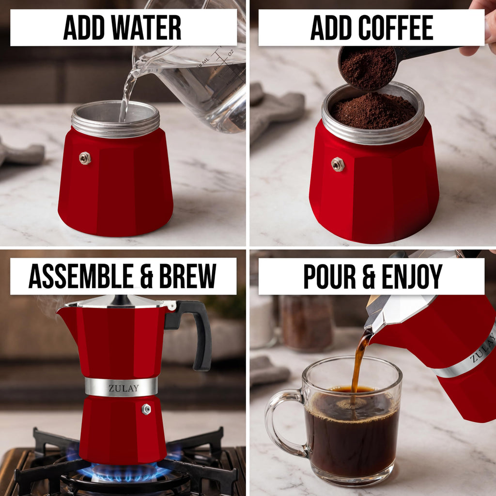 Zulay Moka Pot Espresso Stovetop Coffee Maker - Leak-Proof, Stainless Steel, Easy to Clean, Heat Resistant Handle & Knob - for Authentic Cuban & Italian Style Espresso - Makes 6 Espresso Cups - Red