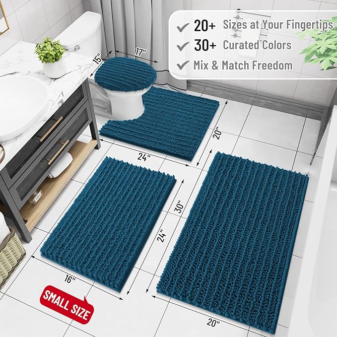 Arotive Luxury Chenille Bathroom Rug Mat, Extra Soft Thick Absorbent Shaggy Bath Rugs, Non-Slip Machine Wash Dry, Plush Bath Mats for Bathroom, Shower and Tub, 50x30, Peacock Blue